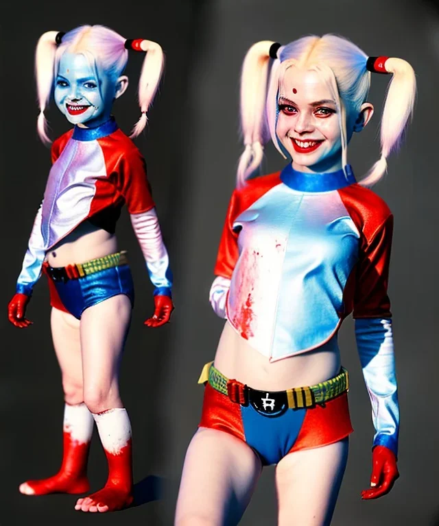 Harley quinn toddler, full body, soft skin, dramatic lighting, hyper realistic