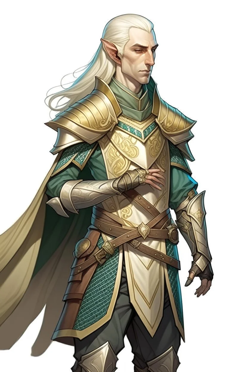 d&d high elf cleric male in his thirties wearing medieval armor with hands behind her back