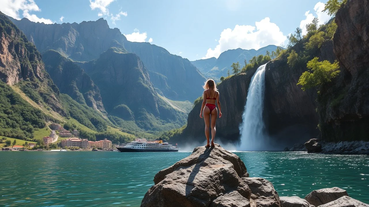 a picture of natural landscape that includes majestic mountains and a serene countryside. Additionally, incorporate details about a stunning, large waterfall that enhances the beauty of the scene. The output should be structured as a narrative, painting a clear image with rich, descriptive language that evokes the sights and sounds of this beautiful environment water fall falls to a big sea with modern ship in it.a fullbody lady in One Piece - Athletic Swimsuit,standing over a rock at hight