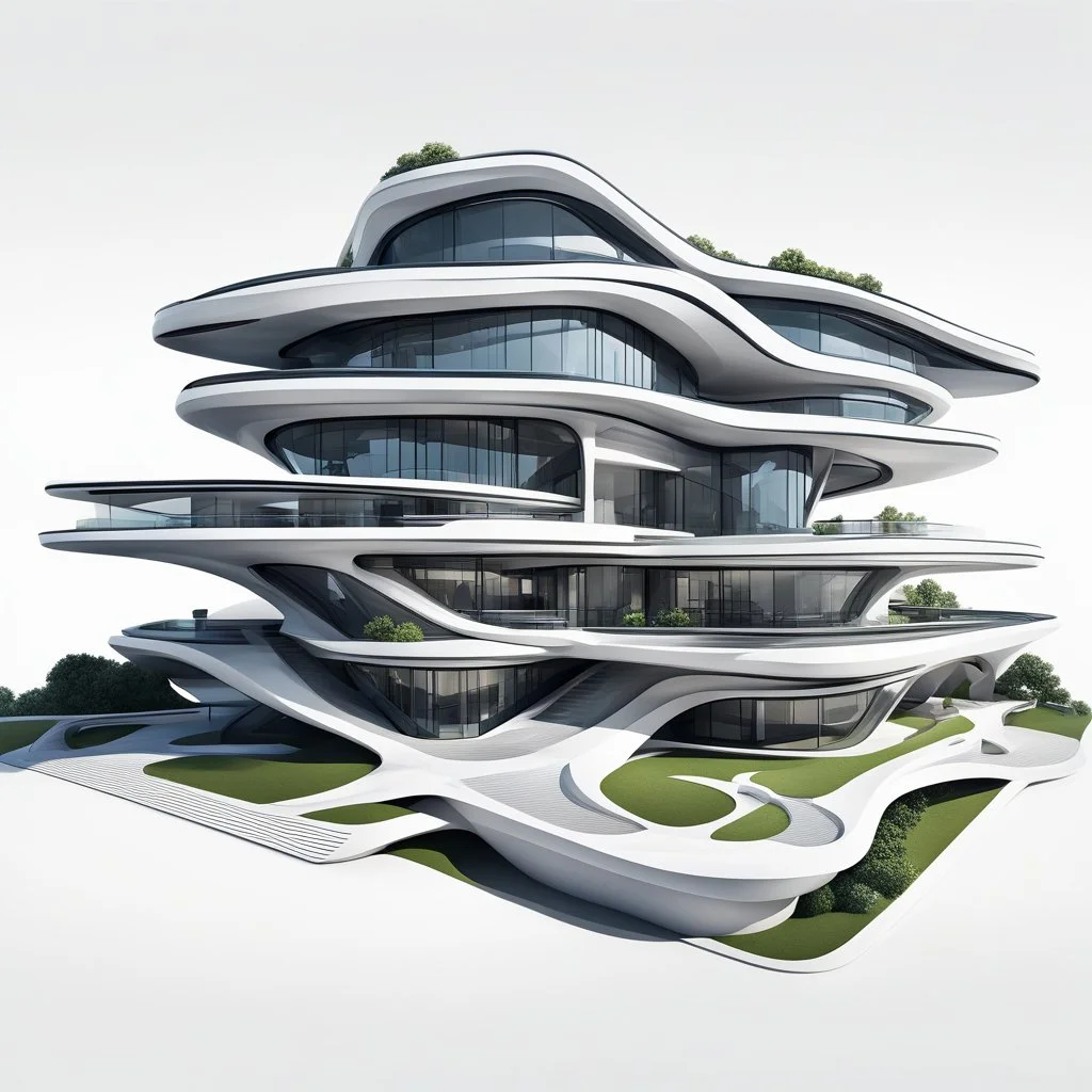 Modern futuristic houses in cartoon Zaha Hadid style on white background, png, high resolution, highly detailed texture. By drone