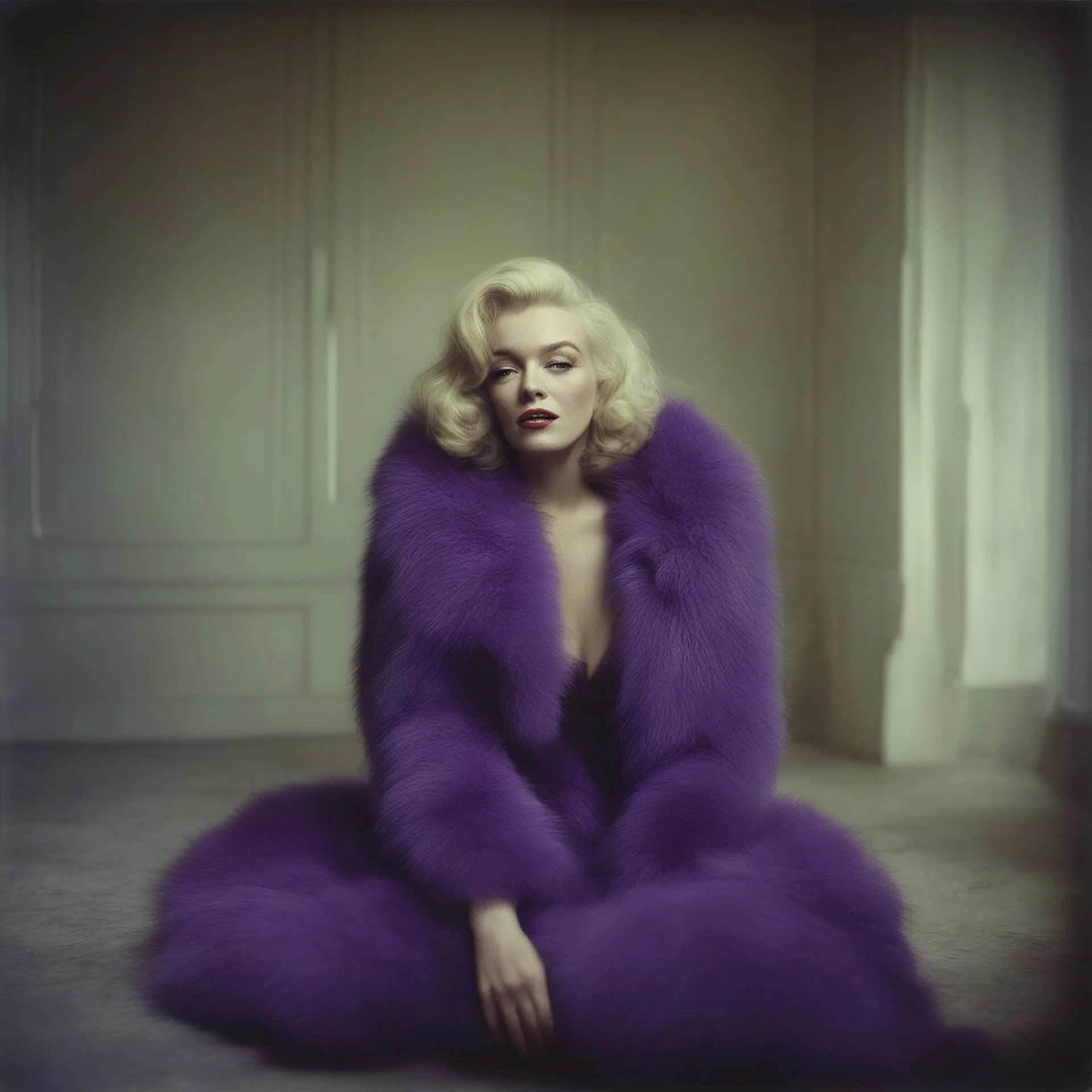 actress marilyn monroe , hippie girl, purple fur, in a liminal empty room, old autochrome