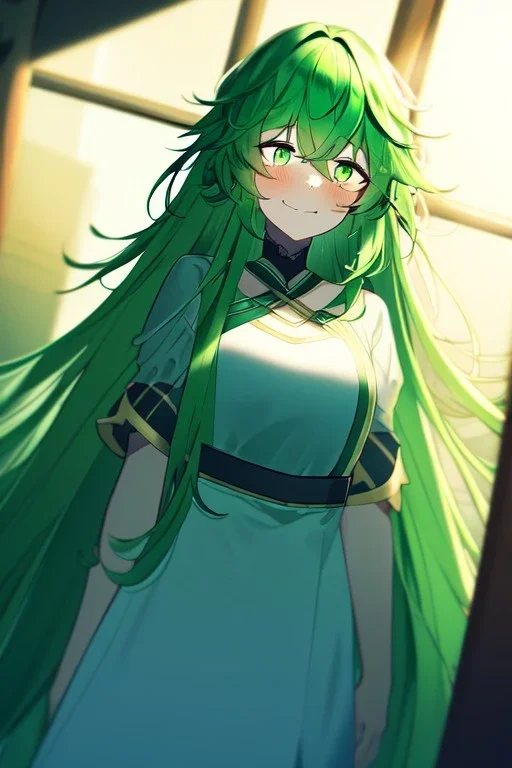 girl, masterpiece, best quality, cinematic lighting, detailed outfit, vibrant colors, perfect eyes, green hair, very long hair, green eyes, messy hair, long hair, looking down, nervous smile, indoors, light rays, god rays, looking down,