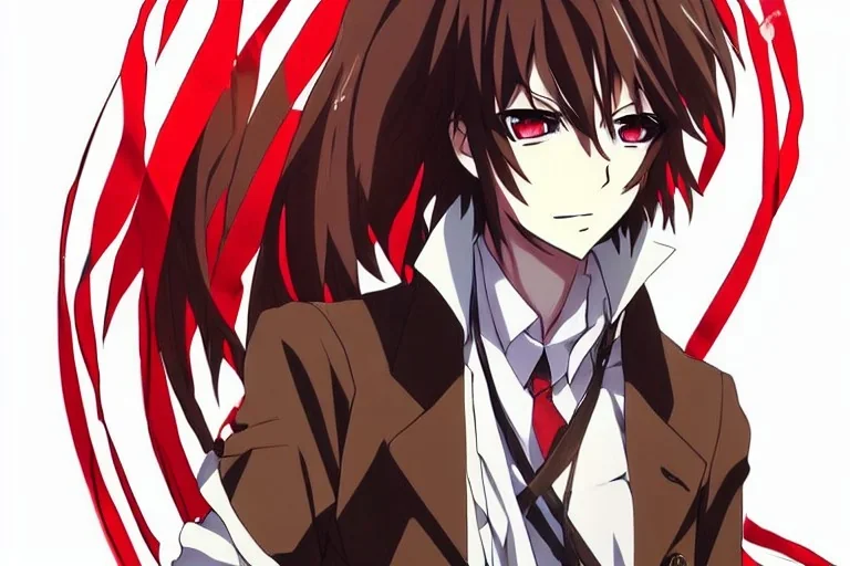 Detailed pretty anime boy, brown hair with blonde strips, keep head in frame, headshot, glaring, brown eyes, covered in bandages, looking serious, illustration, digital painting, only one character, color scheme red, wearing many bandages, Osamu Dazai inspired, anime inspired, manga, dazai, red hair, Chuuya, pretty, scruffy, angry, brooding, manga inspired, small nose, long lower eyelashes, handsome, one character, headshot, glaring, cute, wearing a bandage on neck, small nose, yelling