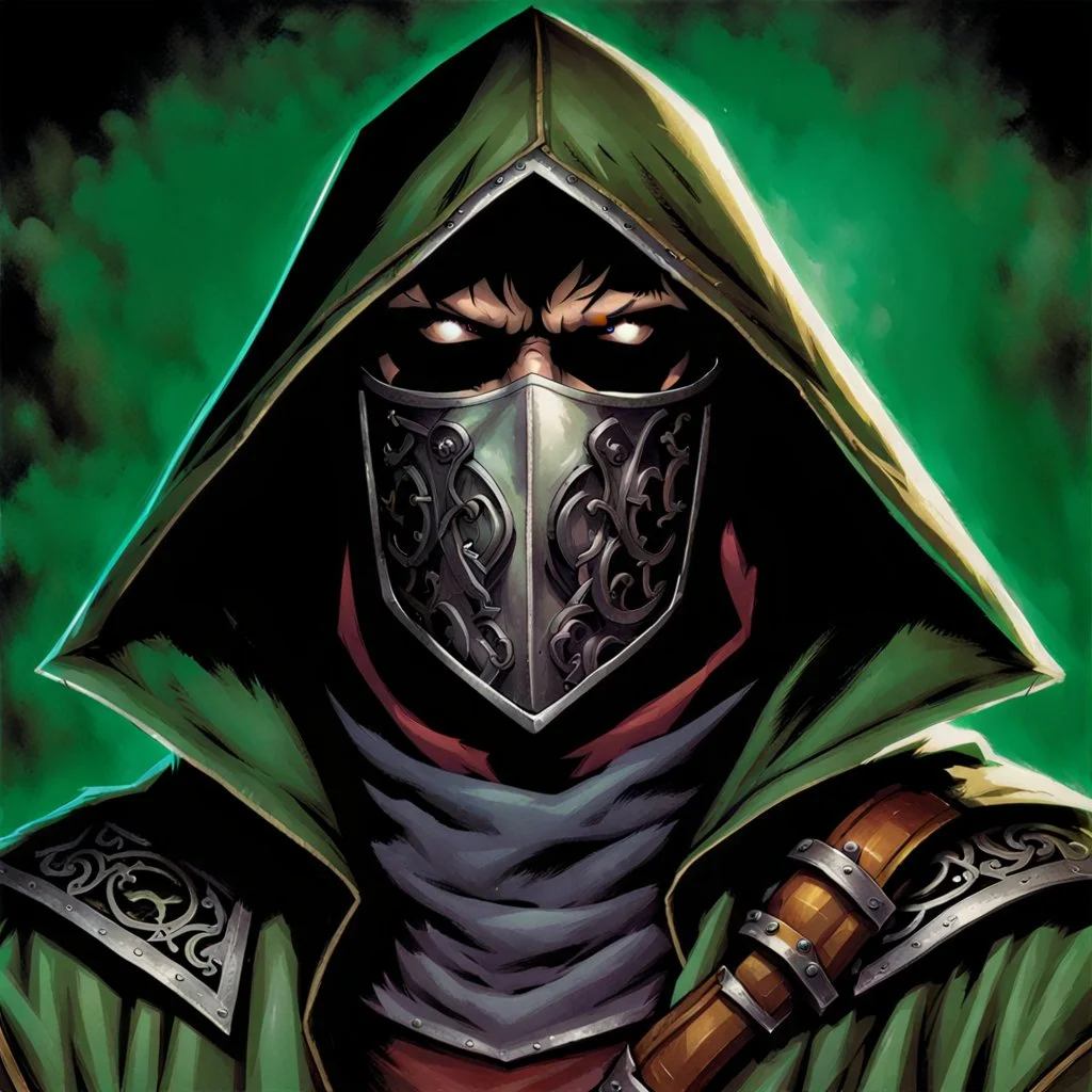 90's fantasy tcg art of a hooded heroic man with a metal mask