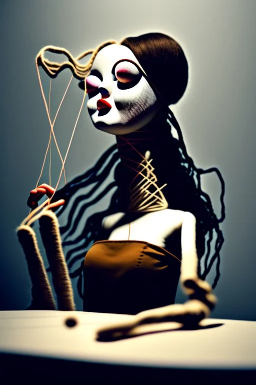 a surreal abstract image of a woman seated on a table,facing to the front ,she is connected to string like a puppet, arms in air, moved by the strings, puppet like features in the face, beautiful face, behind her also facing the front is the puppet master,is a huge image of a man holding the strings, creepy gothic character,.zoomed in, dark and shadowy background with selective lighting on the woman, gothic and chaotic