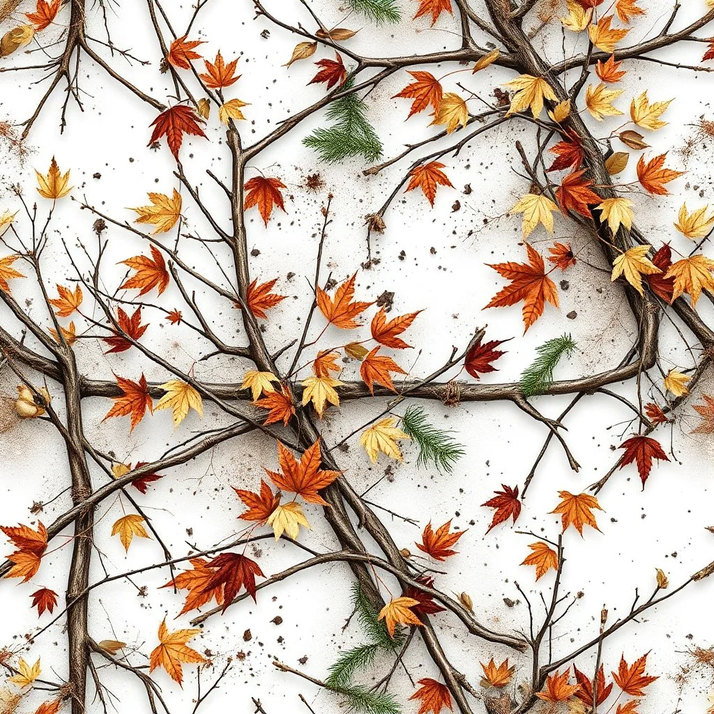 detailed Real Tree Camouflage made of bare bush branches, fir branches, dried maple leaves, snow and dirt, white background, seamless repeatable texture camo pattern