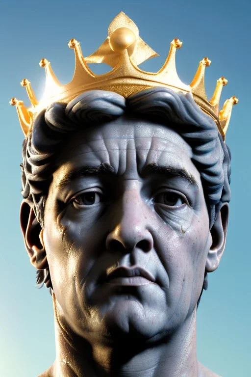 Ultra Realistic image, classic sculpture, white marble material, Maradona, gold crown of natural thorns, god crown, gold veins, gold ornaments, sun rays background, waist up portrait, epic, celestial, cinematic lighting, God lights, 4k resolution, smooth details, soft lighting, unreal engine 5, art station, substance 3d.