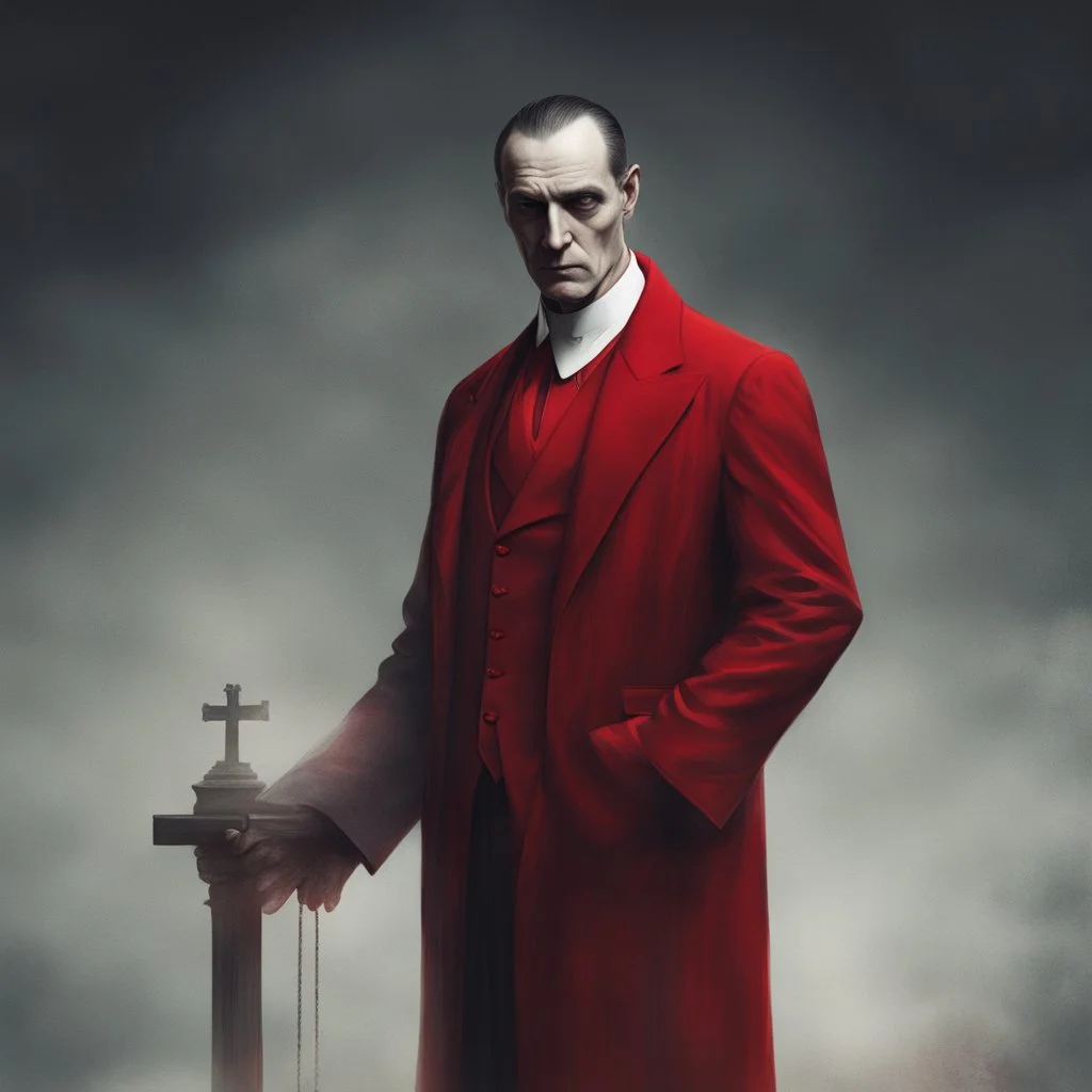 a sinister figure wearing a red suit with a red tie and a priest's clerical collar with no face and dirty slicked back hair