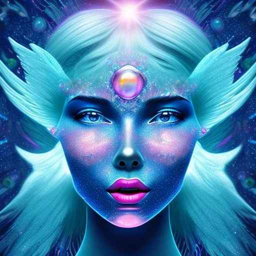 Face Angel crystalline, blue,pink , cosmic, opalescent, gemstones, crystals, other worldly,water,bright, ice background, snow lake blue