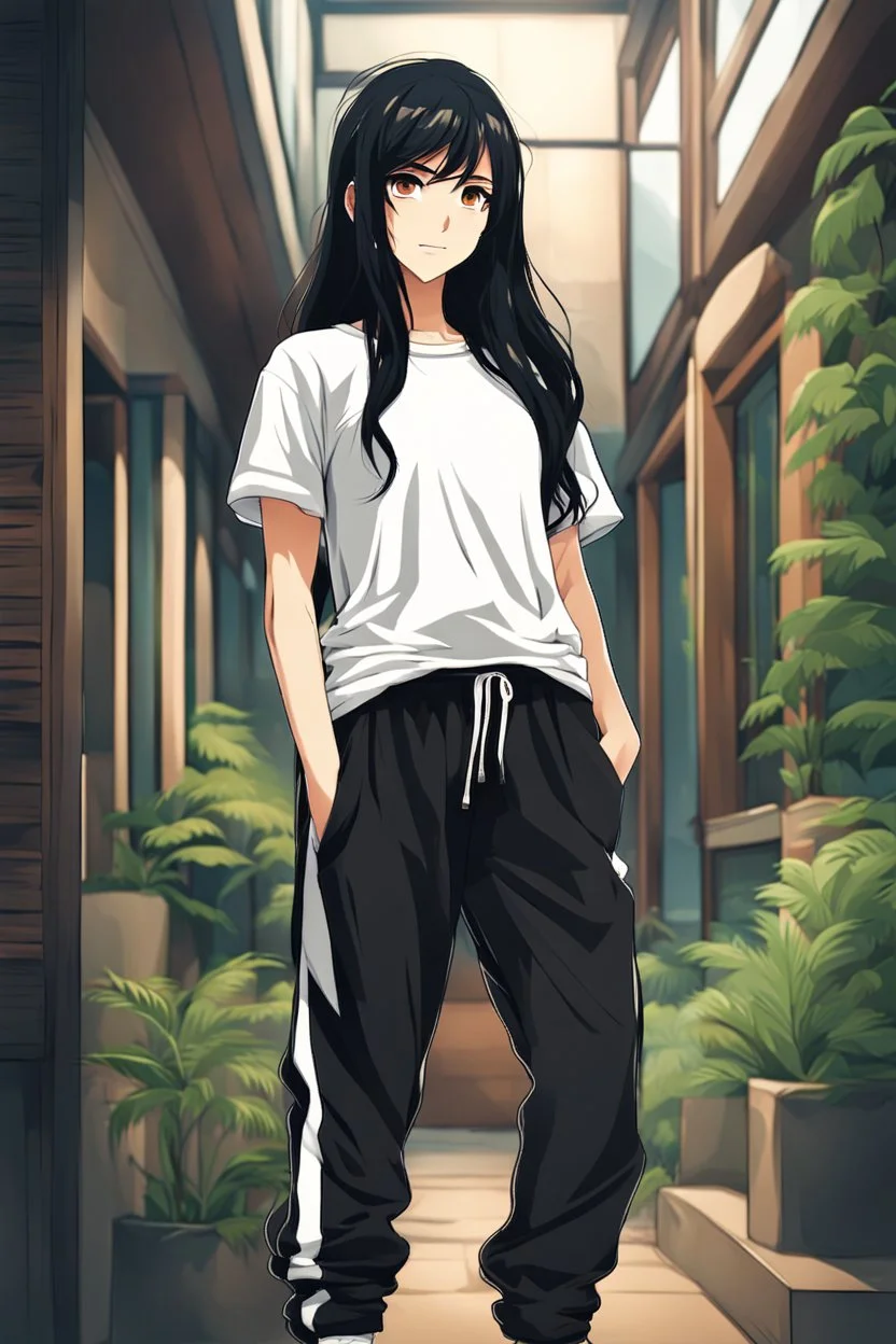 attractive anime woman with black long hair, t-shirt and sweatpants, full body in frame,