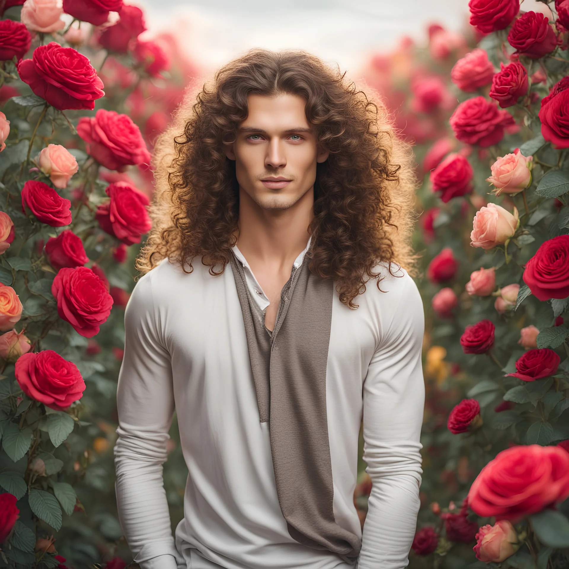 Beautiful young man with long curly hair on the background of a field of colorful roses