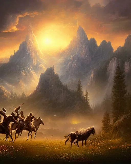 lost souls, the four horsemen of the apocalypse, rapture, peaceful meadow with mountains on fire in the background