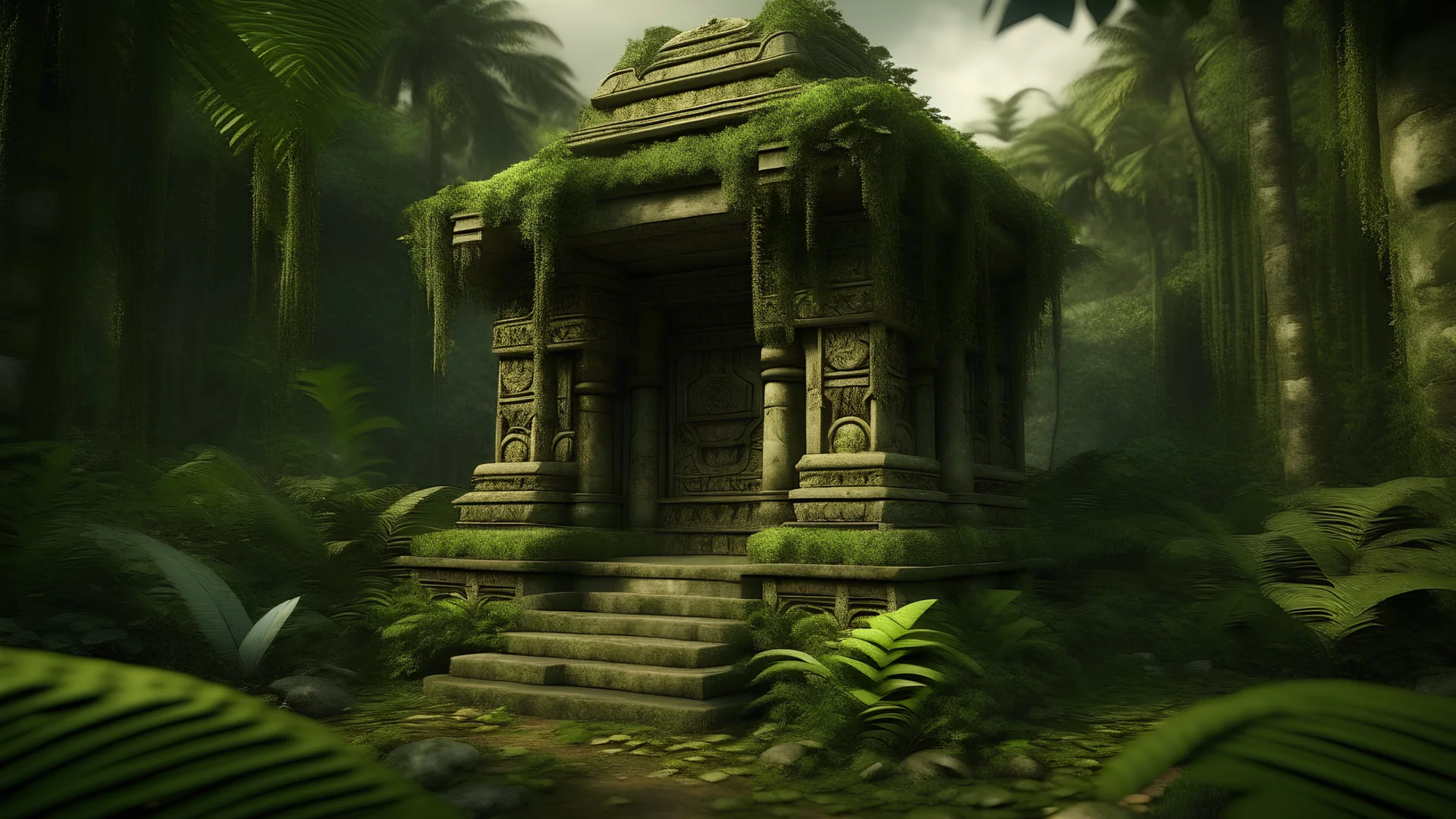 an ancient tiki temple with withered walls swallowed by nature in a dense jungle in a background format with a frontal view with no door just an opening