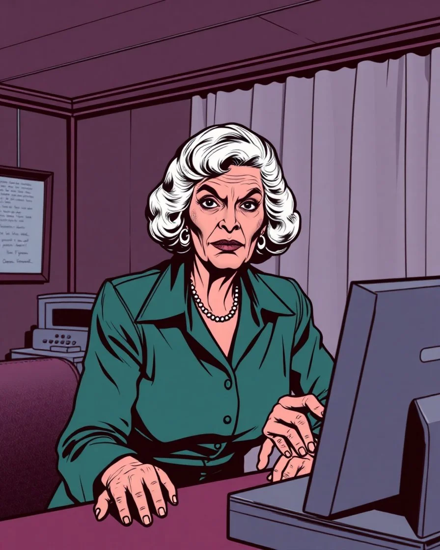 older woman hotel desk clerk from an american comic, 70s horror comic