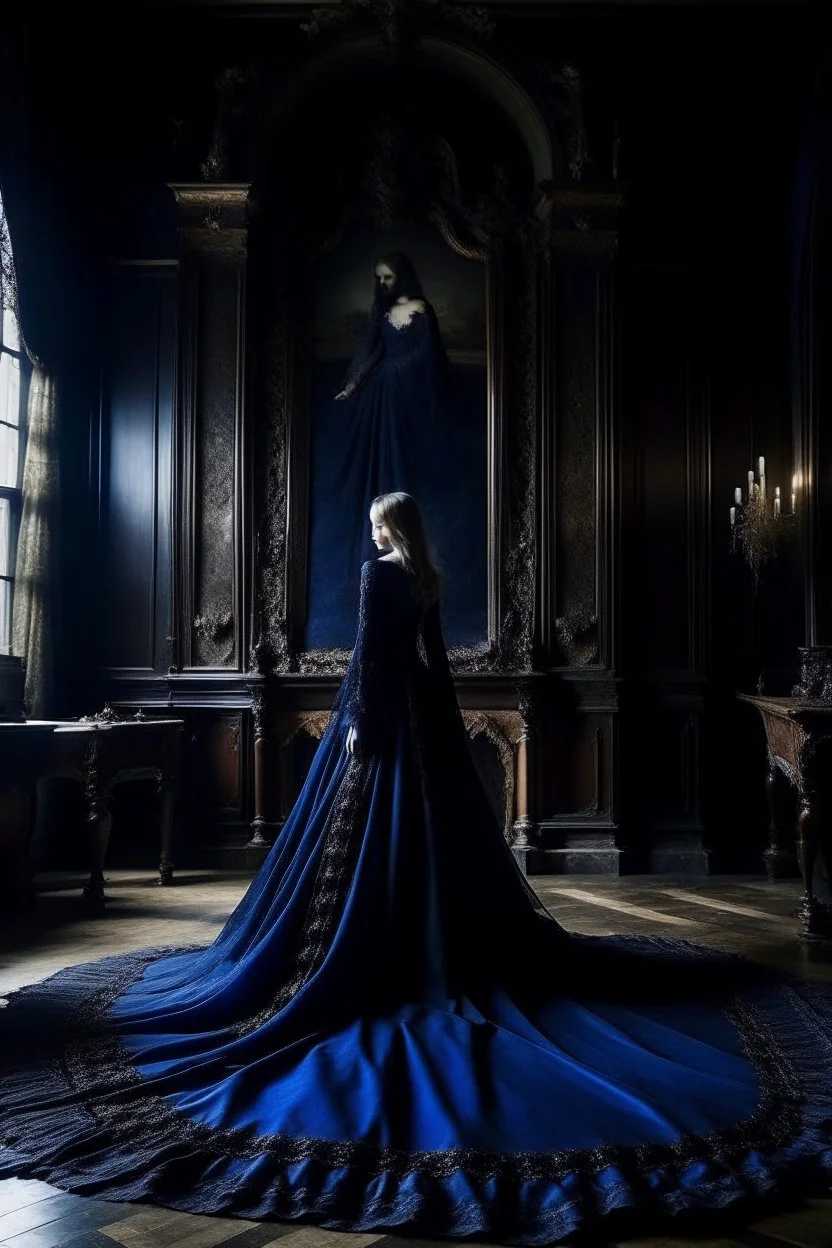 The Countess is a ghost, she has a long, flowing dark blue dress, she is in her castle, Hanging in the castle room, there is a tapestry composed of the preserved faces of the Countess' ancient victims.