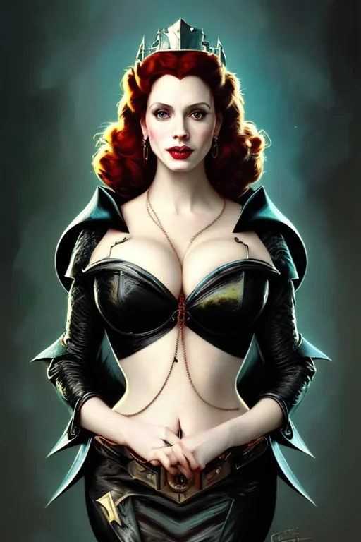 painting of christina hendricks as evil queen in black leather, feminie, angry, volouptous, busty, cleavage, emperious, mature, highly detailed, digital painting, artstation, concept art, smooth, sharp focus, illustration, art by gaston bussiere and alphonse mucha