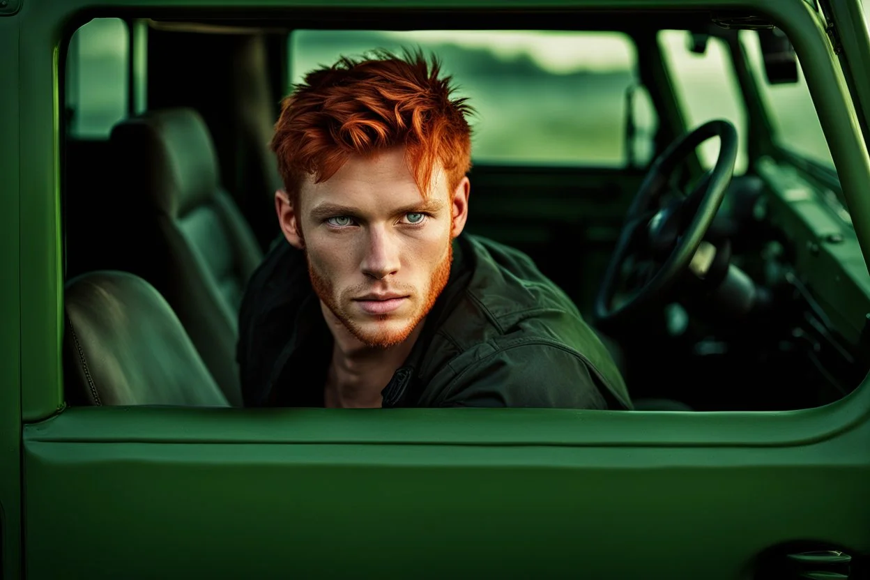 Photograph of a young rugged looking male with red hair and green eyes sitting in the drivers seat of a jeep close up photo realistic