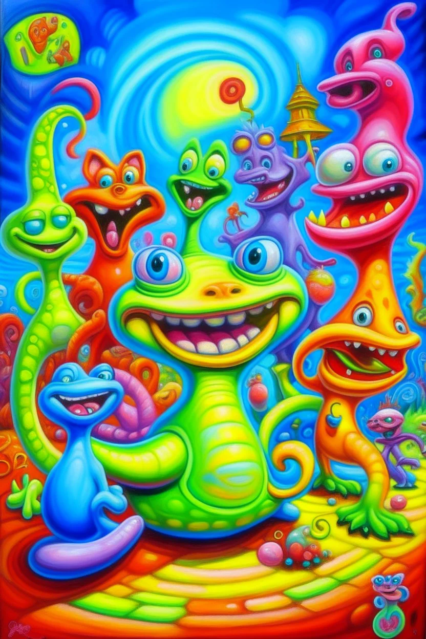 Lowbrow Pop Surrealism , A Whimsical high energy happy 1950’s Transparent Gelatin Animal Mascot Character parade, Oil Painting by Kenny Scharff