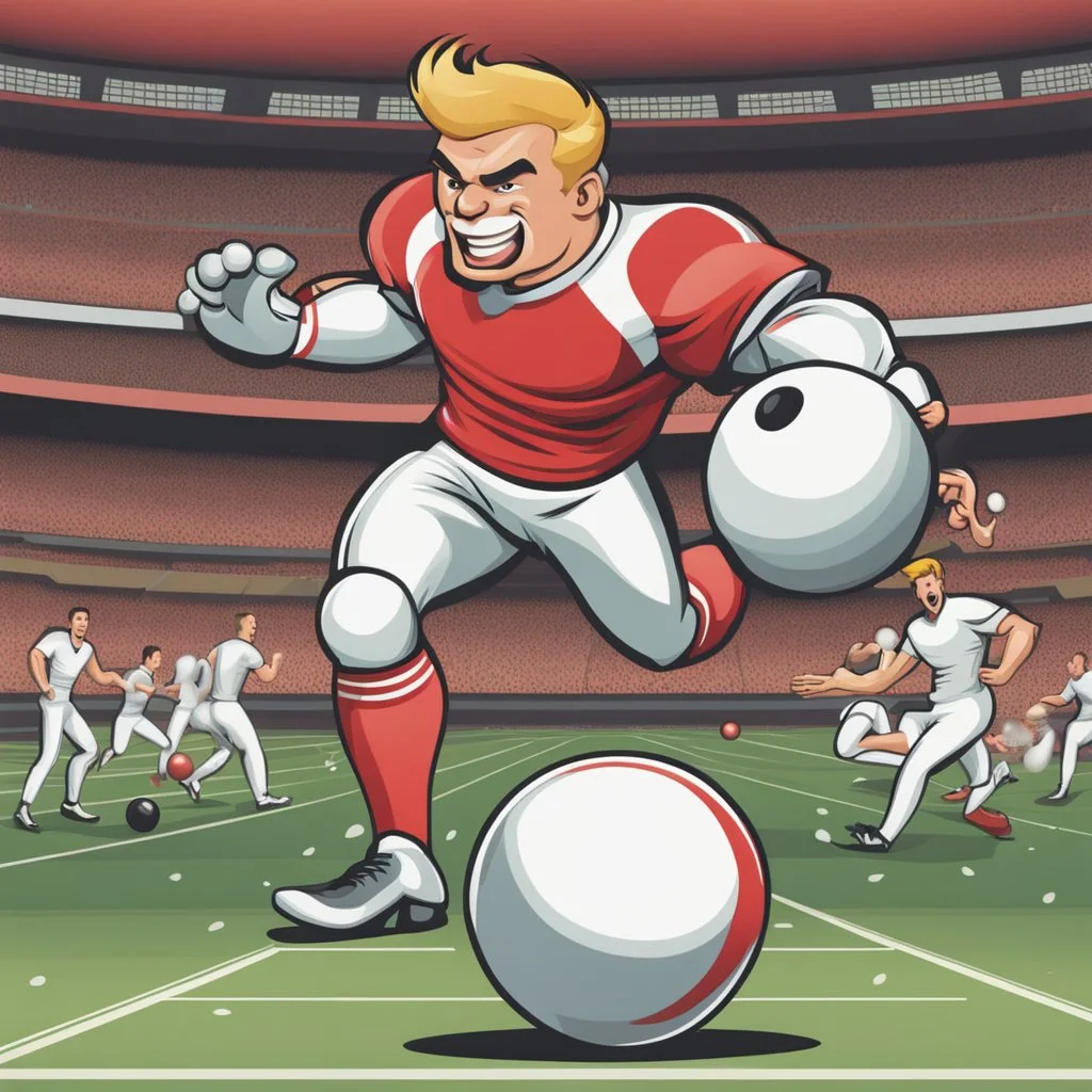 Futbolista pateando un balón al arco con muchísima fuerza arte cartoon