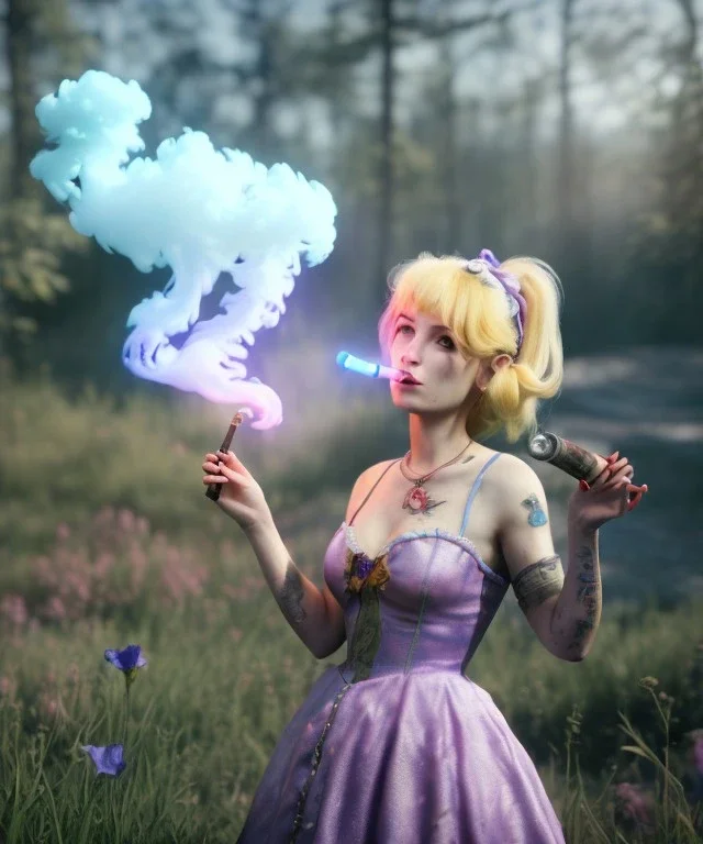 Ultra realistic wonderland photo, happy blonde woman smoking a pipe, blue dress, purple cat friend, circus dress style, old school tattoo, smoke, marijuana garden, glow eyes, perfect iris, soft color, highly detailed, unreal engine 5, cinematic, ultra detail, volumetric lighting, high definition.