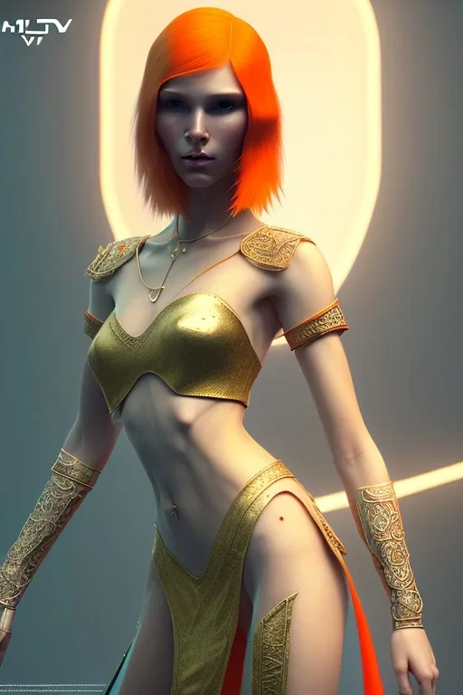 painting of a tall elven young woman with short light orange hair and freckles on the cheak bones and tall body of a topmodel light clothes, full shot, ultra realistic, concept art, intricate details, eerie, highly detailed, photorealistic, octane render, 8 k, unreal engine. art by artgerm and greg rutkowski and charlie bowater and magali villeneuve and alphonse mucha