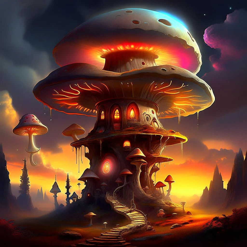 A fantabulous glowing, (((mushroom tower house))) erected atop a (tall geologic pillar), surrounded by uncanny imaginative ((( spiraling skies))), offset by the stark hues of a (nebulous space scape), . captured by the hand a skilled master painter with a focus on (softly textured compositions and voluminous lighting).