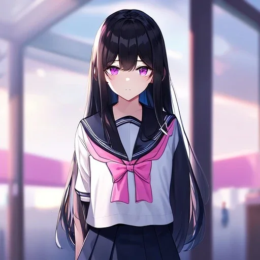 Clear focus,High resolution, Black long fluffy hair, long bangs, and purple eyes, Depressed girl, wearing a sailor uniform, frowning, pink bow