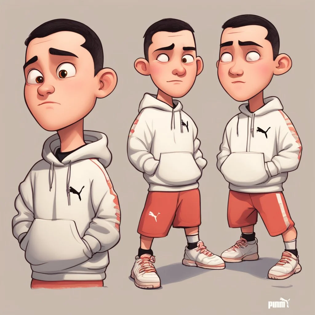 a caricature portrait of a young man standing in front of a white wall. He is wearing a white sweatshirt with the logo of Puma. black hair. short buzz cut hair style. light skin. dark eye pupils. small eyes. black thick eyebrow. small short round face shape. a bit small goatee, without moustache. big nose. thick mouth. pixar style. 3D. 4k. portrait. highly detailed. sharp focus. high resolution. full color. cinema lighting