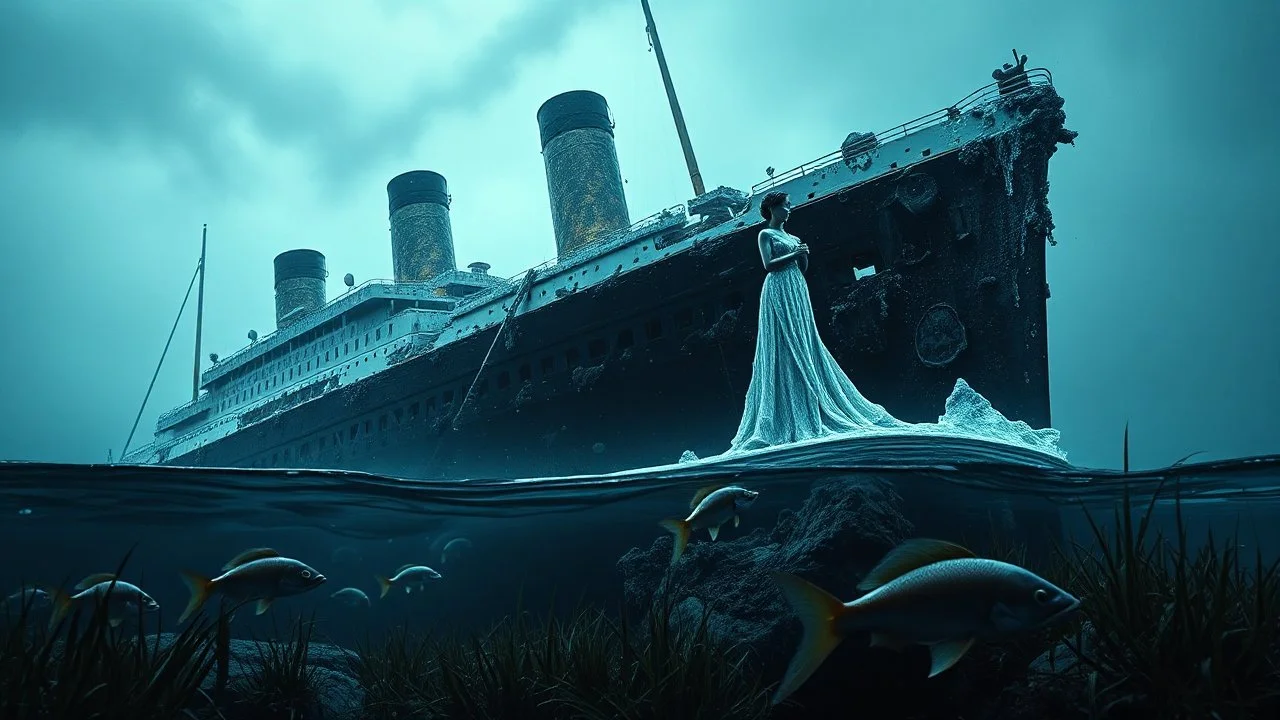 A Hyper Realistic and Hyper Detailed frozen bodies Of Jack And Rose Of Titanic standing in their romantically signature pose On The Edgy-Top Of The Dark Destroyed Massive Titanic Shipwreck sank in the deep of the ocean, the dark destroyed shipwreck gives the haunted creepy vibe, water grass & piranha fishes showing Dramatic And cinematic Ambiance.