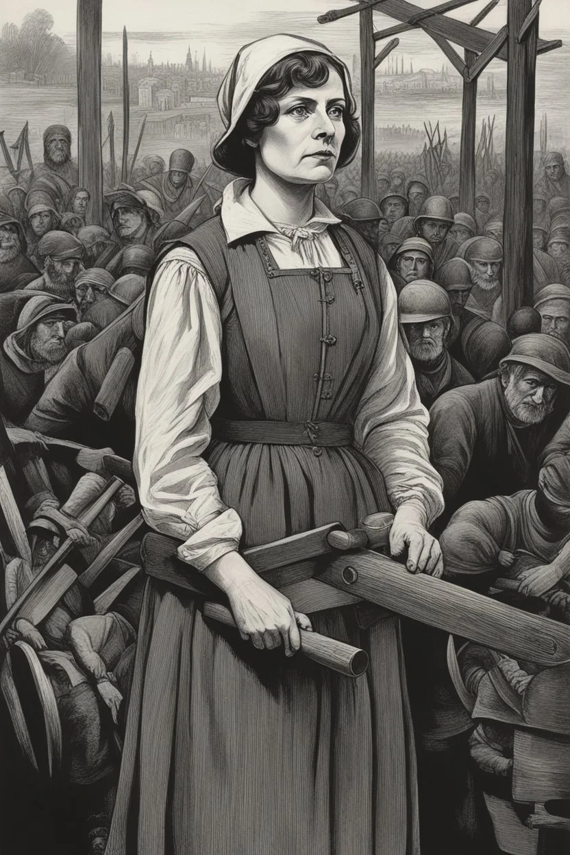 Portrait Art **Featured Art:** Joan, the Transcendental Labor Leader: Joan stands with a defiant expression, not in armor, but in the simple garb of a peasant. One hand rests on a plow, the other holds a scroll inscribed with nascent workers' rights. Behind her, a shadowy crowd of laborers echoes her stance, eyes raised to shafts of heavenly light. **Appearance:** evocative portrait concepts of Joan of Arc (an French women patron saint of France, honored as a defender of the French nation for he