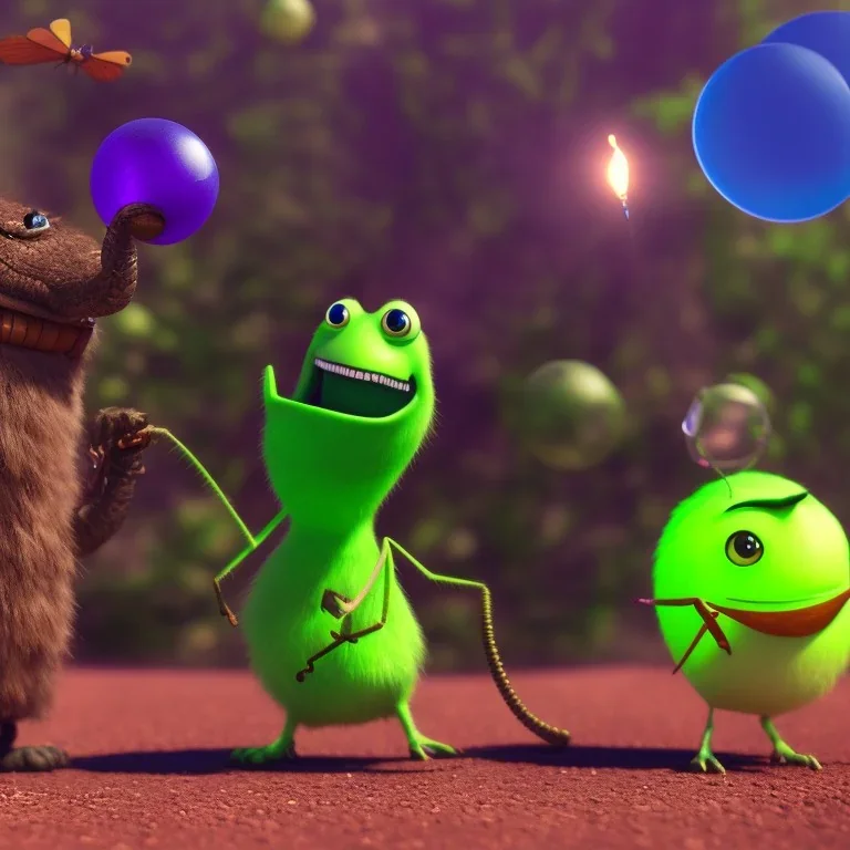 The hangman and the locust discussing the future of the universe on bubble world, art by Pixar and Dreamworks