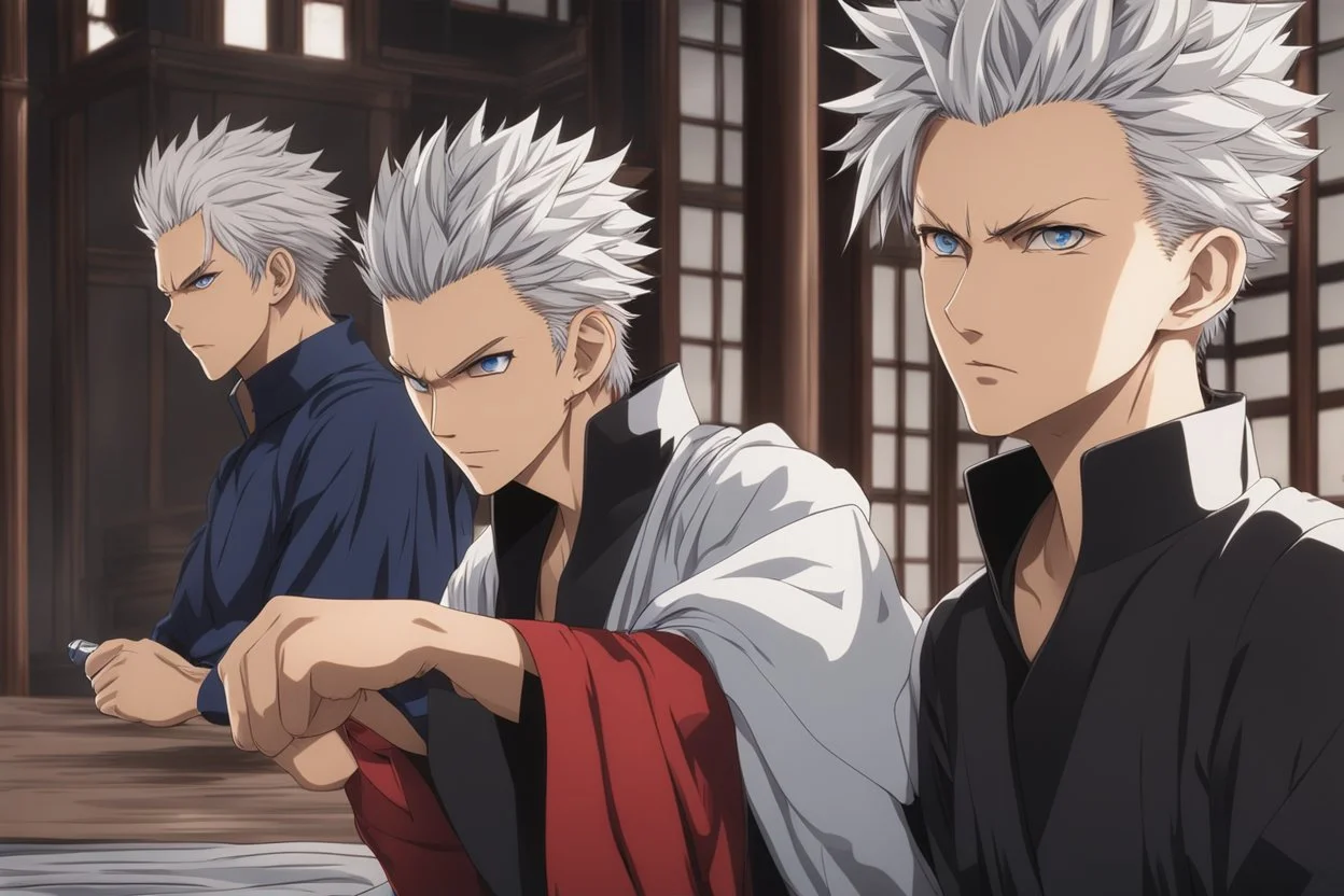 Gojo satoru in 8k dainmak anime drawing style, cinematic mood, close picture, white hair, crystal blue eyes, jujutsu kaisen them, highly detailed, high details, detailed portrait, masterpiece, ultra detailed, ultra quality