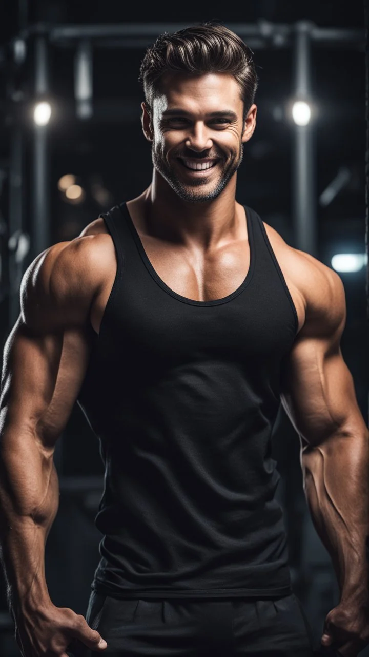 Hyper Realistic handsome muscular man in black-tank-top & swim-breifs giving ATTRACTIVE-SMILE in a dark gym at night showing dramatic & cinematic ambiance