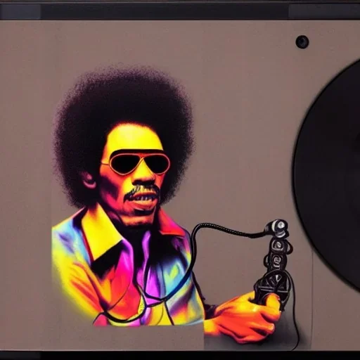 a realistic portrait of Jimi Hendrix at a turntable with headphones on being a DJ, vivid color, with sunglasses