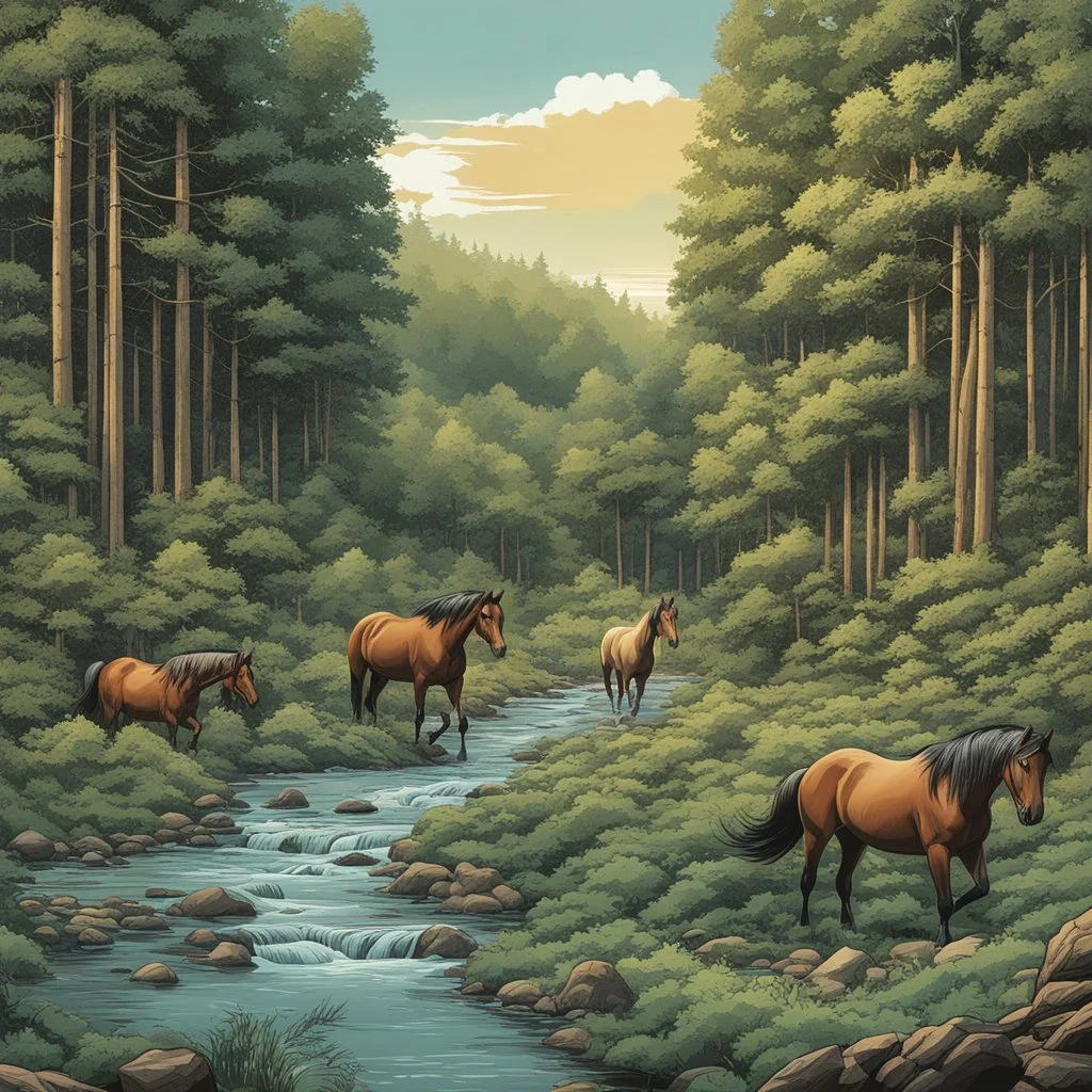 Ilustración estilo cómic de un bosque con río y tres caballos cálida ultra hiperdetallado