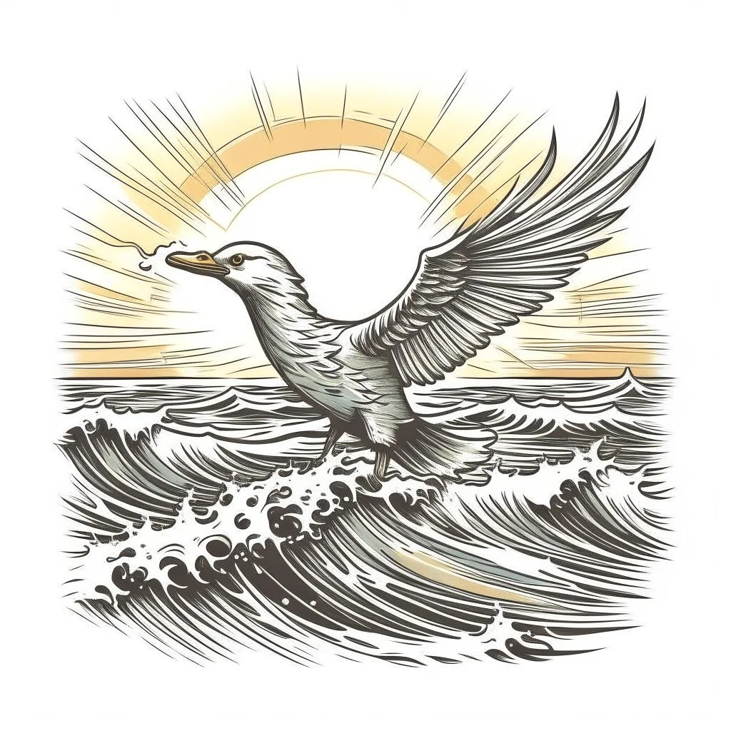 A seagull flying over crashing waves, serene, naturalistic, soft sunrise lighting, T-shirt design graphic, vector, contour, white background