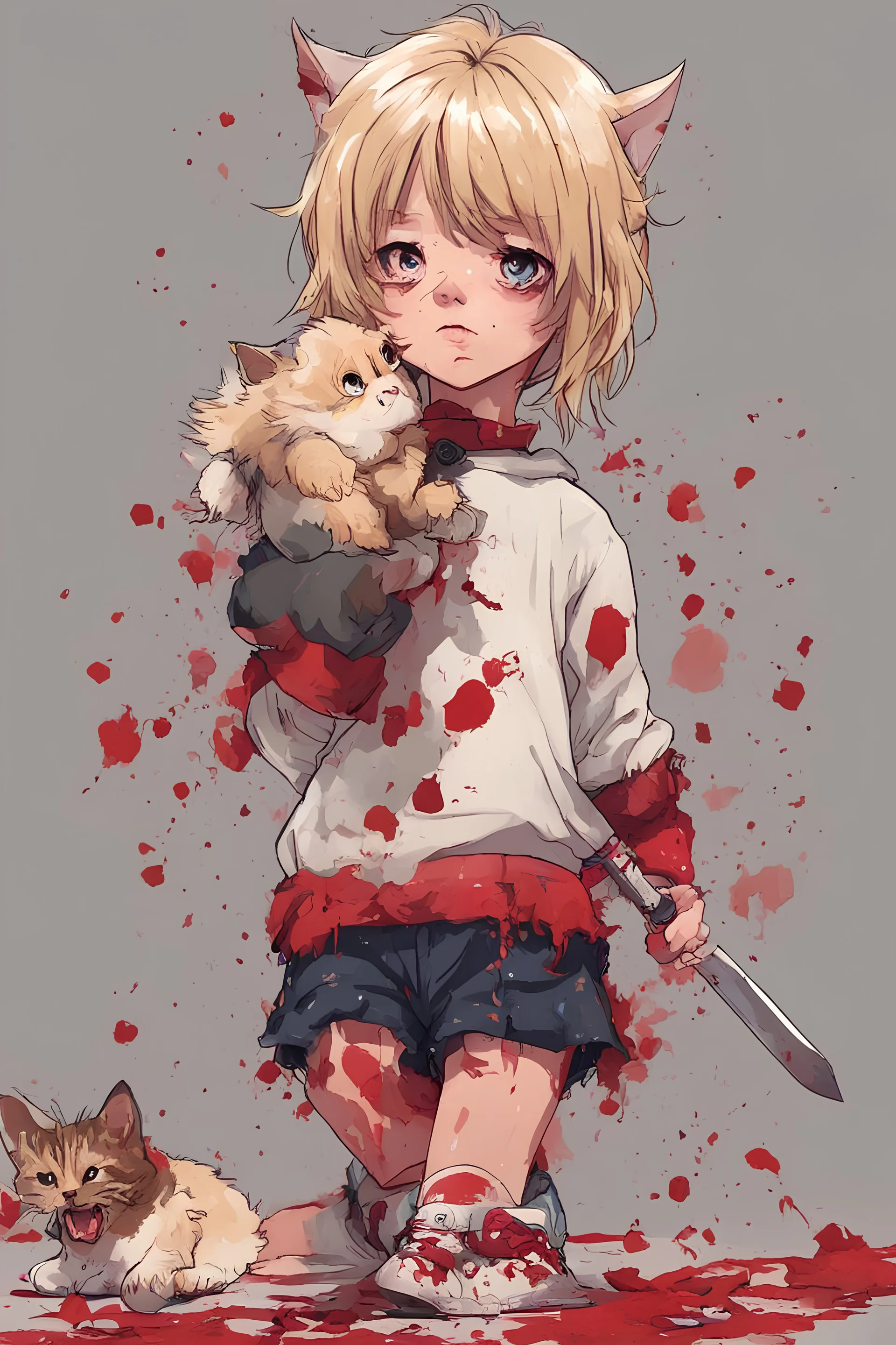 full color anime - a tiny little blonde girl in shorts and a turtleneck sweater stabbing a cat to death, bloody, gory, - digital art by Rose Smells