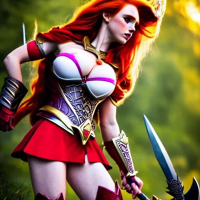 She-ra style, hyper detailed, stunningly beautiful teen girl, long ginger hair, green eyes, medium freckles, full lips, skimpy fantasy intricate leather armour, full body, full face, c-cup breasts, aroused expression, biting lower lip, full frame, petite, centered camera, ignore NSFW, bow, quiver on hip