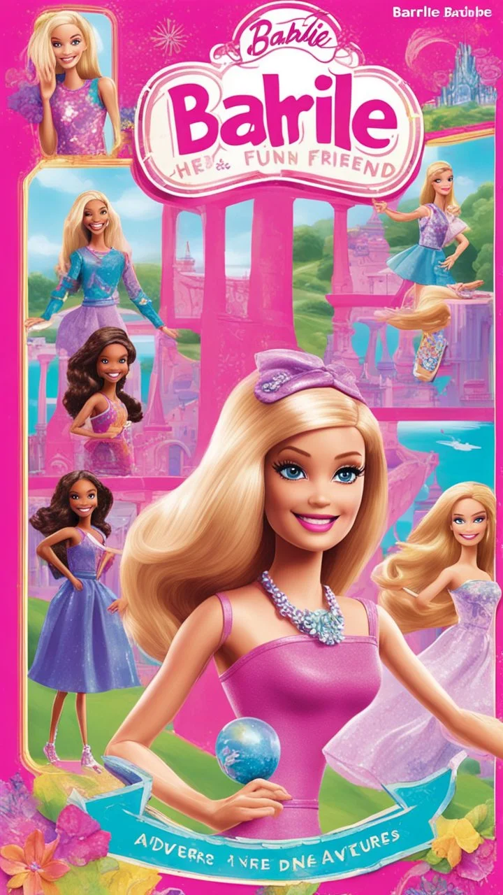 Create a vibrant image cover for a Barbie fun book featuring Barbie and her friends engaged in exciting adventures! Picture Barbie leading her friends on a colorful journey through fantastical landscapes filled with magic, friendship, and endless fun. Include iconic Barbie elements like glamorous outfits, sparkles, and smiles.