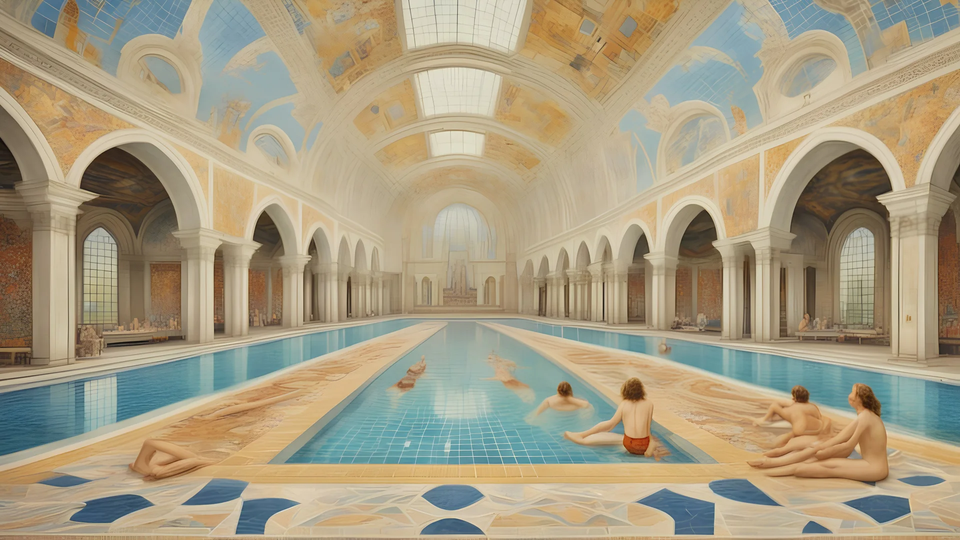 Superb symmetrical pictorial multicoloured mosaic floor, swimming pool, bathers, swimmers, water feature, walls with pictures of bathers and swimmers, symmetrical cathedral style high ceiling, relaxation, romance, luxury, dream world, calm beauty, perfect symmetry, fantasy world, magic, beautiful symmetrical composition, exquisite detail, 85mm lens, adjust perspective, chiaroscuro, night, darkness, dramatic lighting