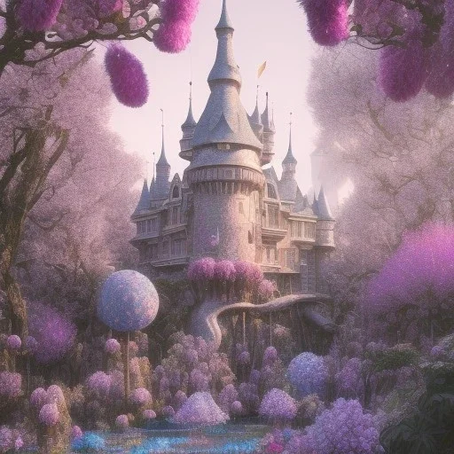 a magical crystal flower lys bougainvillier,snow, blue gold house castle in the woods, magnolias pink,blue lake,sun,white swanns,pink vertical, blue lake,sharp, vines, candlelit, endor, ornate, elegant, highly detailed, artstation, concept art, smooth, sharp focus, illustration, 8k, splash art, wallpaper, key visual