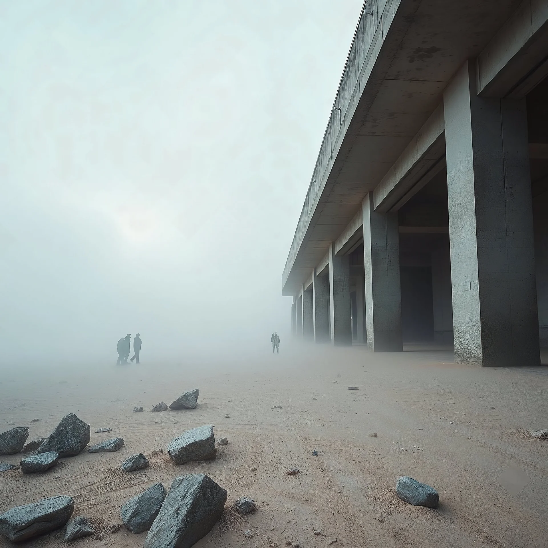 Photograph, wasteland, bright reflective aluminum cover, Truman show, fog, brutalist concrete architecture, people, room, rocce, grey sky, winter, liquid, polvere, red spot, open air museum style, wires, apparecchi elettronici, powder, minimalist, details of the dust very accentuated, deep 3d field