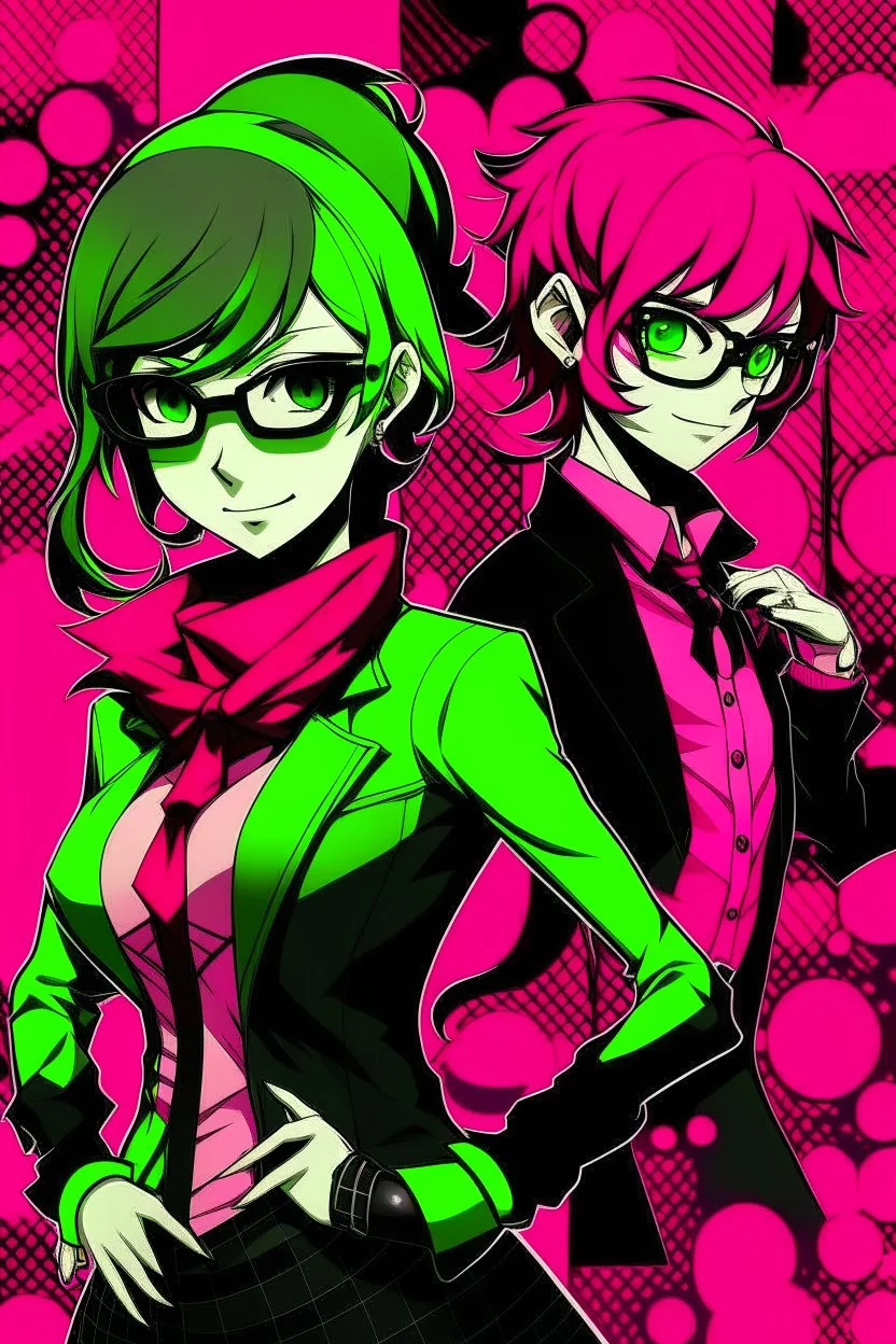 persona 5 style background and pink green character