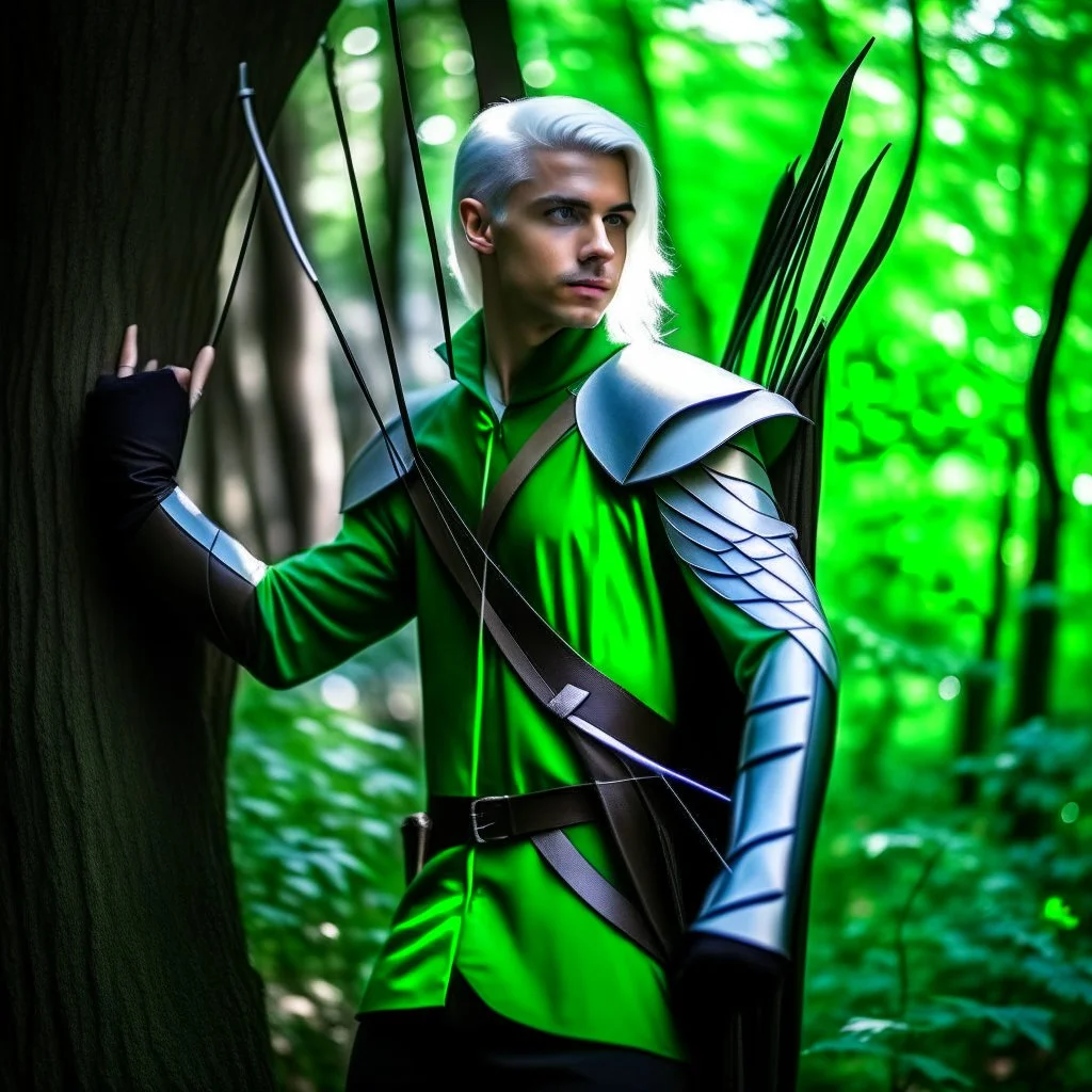 Please create an image for a young elven male with light brown skin, silver hair, and green eyes. He is standing outside in the forest during springtime, wearing leather armor and wielding a large crossbow. He is accompanied by a small mechanical bird and a walking suit of armor