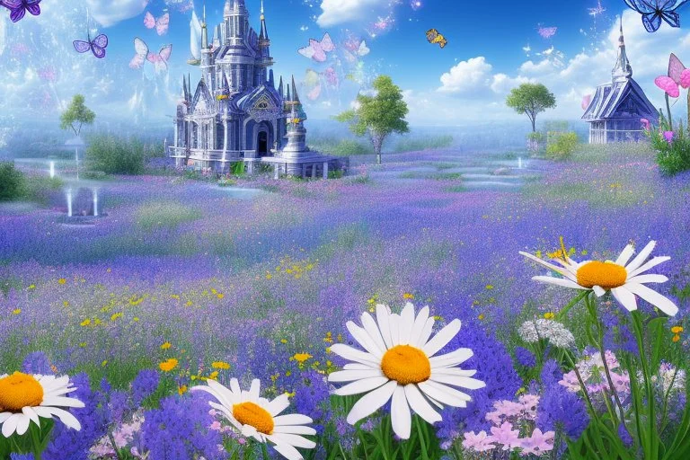 en premier plan des grandes fleurs sauvages, blanches non alignées, puis des grands arbres fleuris, couleurs bleu, blanc, rose,et un espace d eau, avec des gros papillons . chateau futuriste et feerique, HD, Très réaliste