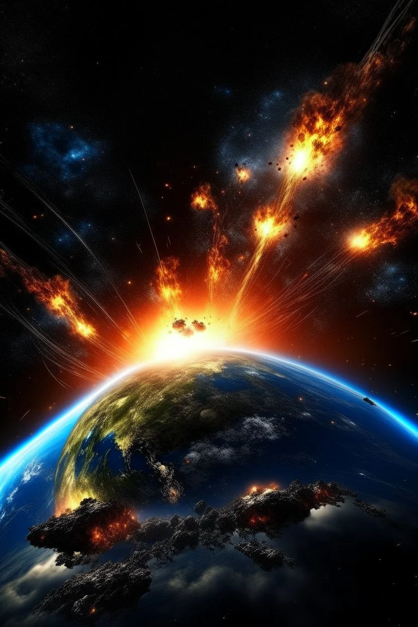 Planet earth with explosions like like fireworks on the surface just like An Armageddon as a Celestial Body! The Celestial Body must be made with the power of stars