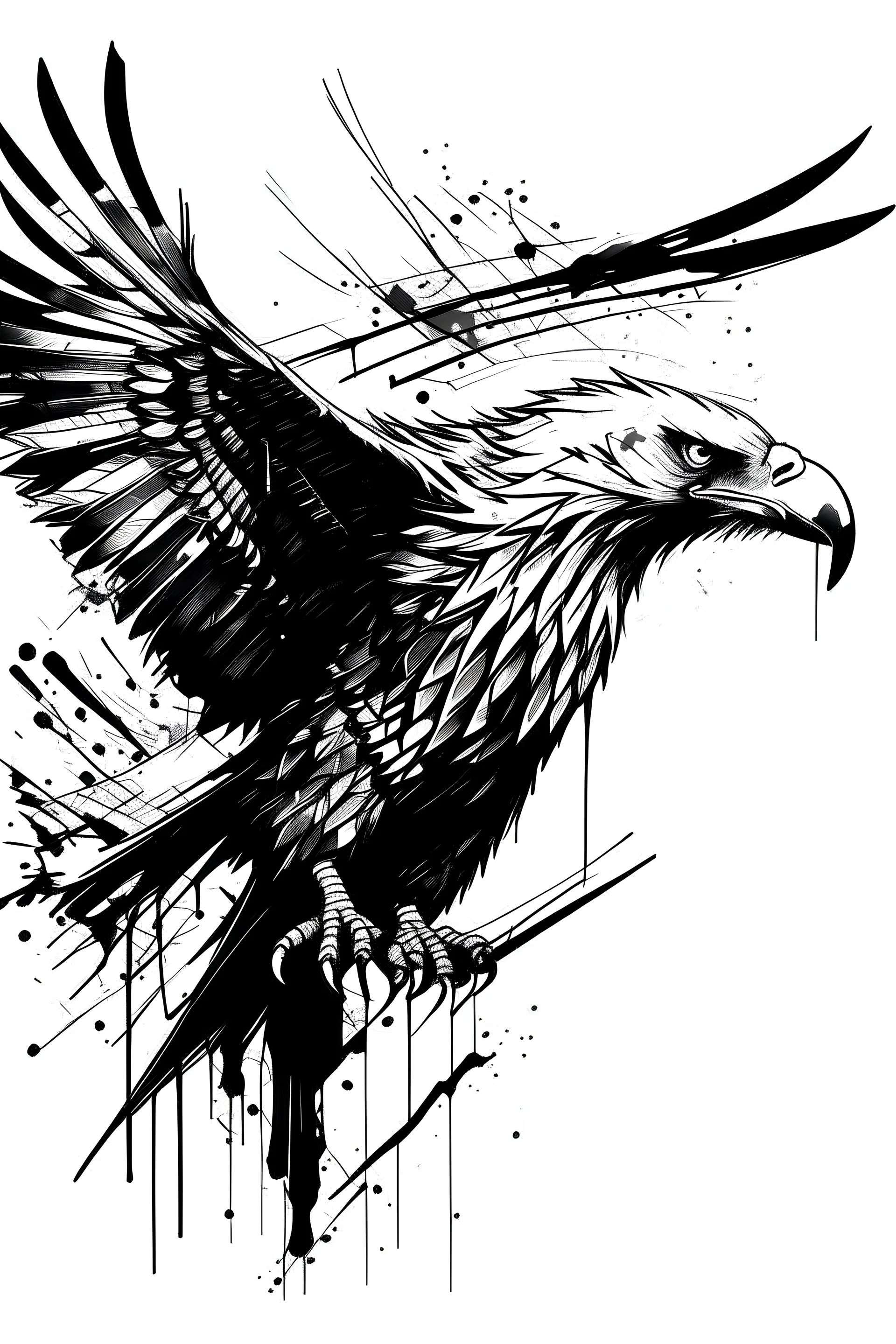A brushstroke blak ink line work trash polka style eagle design on white background