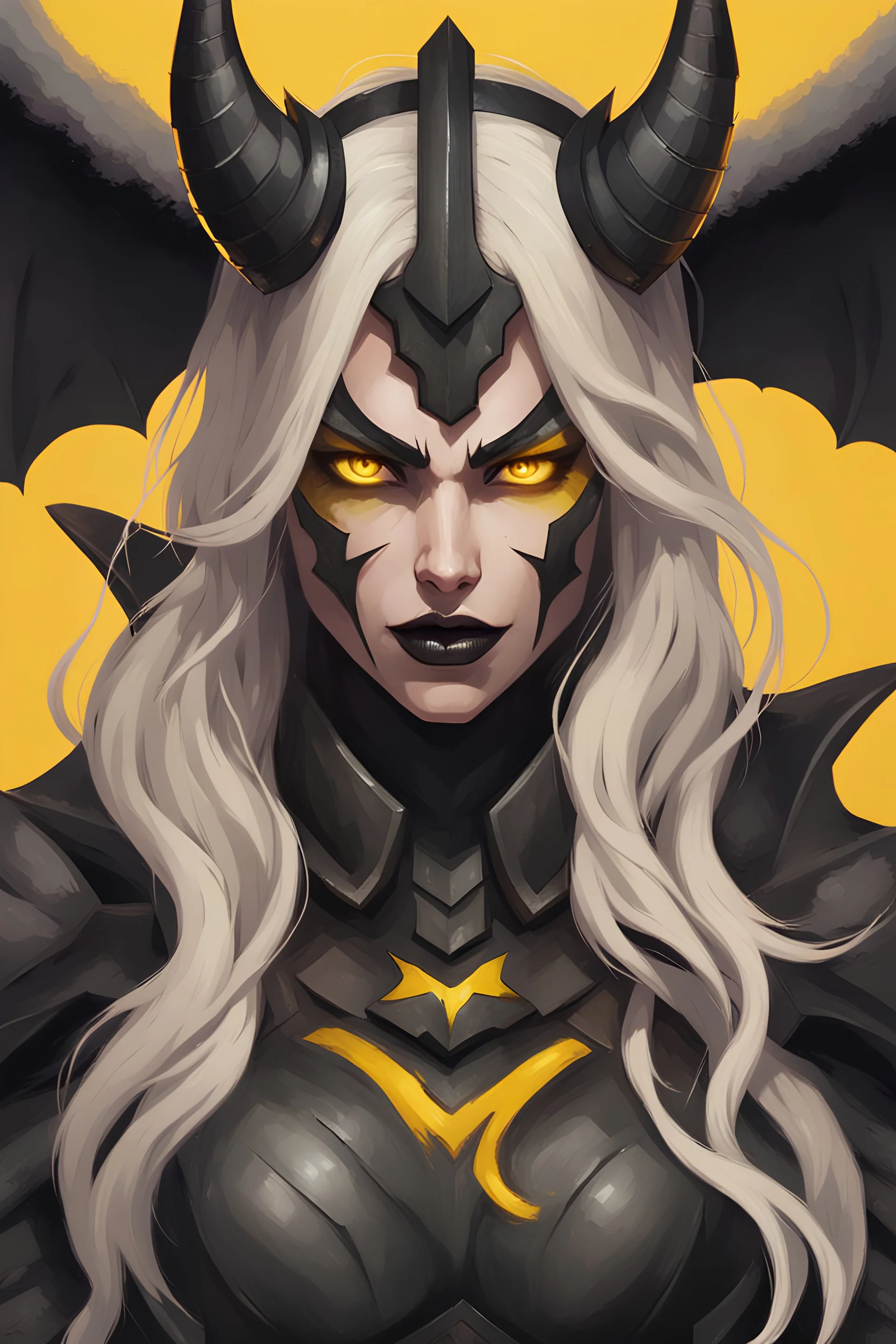 A evil realistic female dark knight with Black sclera, demonic horns and wings, black lips, yellow eyes, long white wavy hair over one eye standing on a battlefield with a evil smile