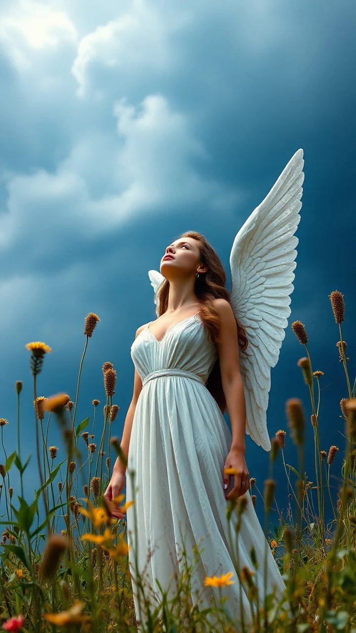 A beautiful Angel like woman standing looking up in the background and plants of out of this world in a blue and gray cloud of stormy weather a