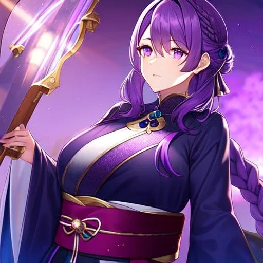 girl, masterpiece, best quality, volumetric lighting, detailed outfit, perfect eyes, purple hair, purple eyes, obi, braided ponytail,